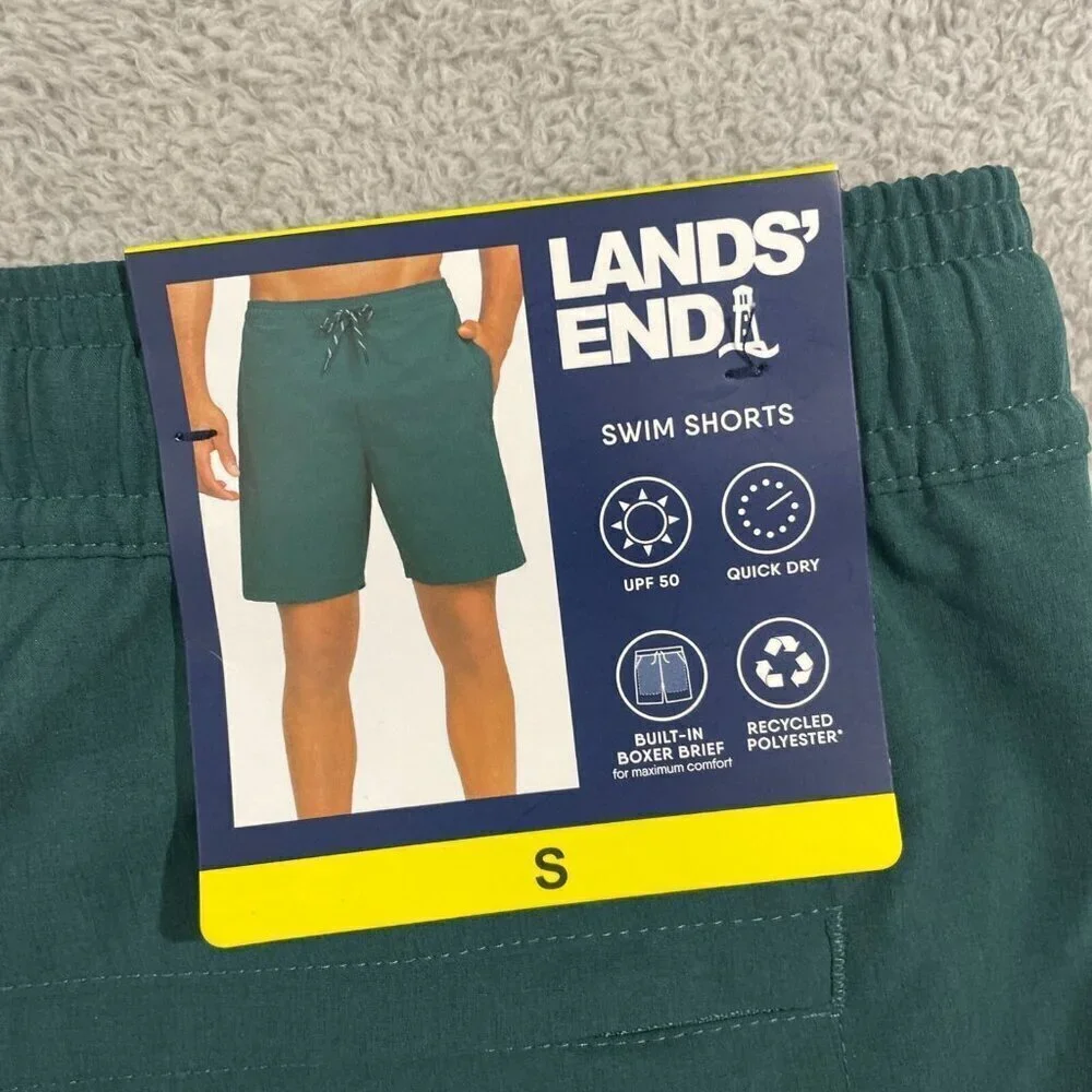 NEW Lands' End Mens S Green Swim Shorts With Adjustable Lined